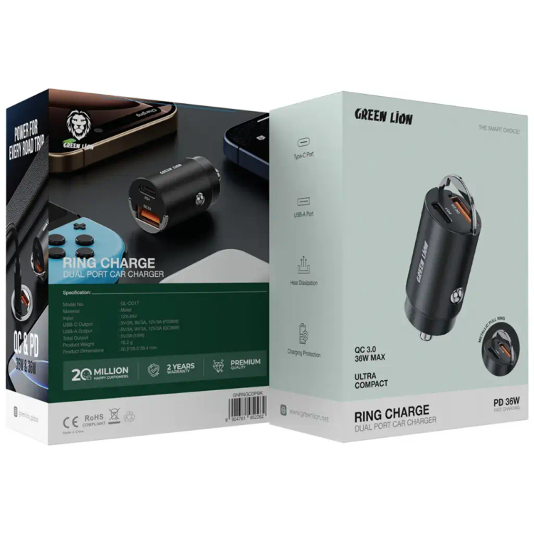 خرید شارژر فندکی گرین لاین Ring Charge دو پورت با PD 36W و QC 3.0