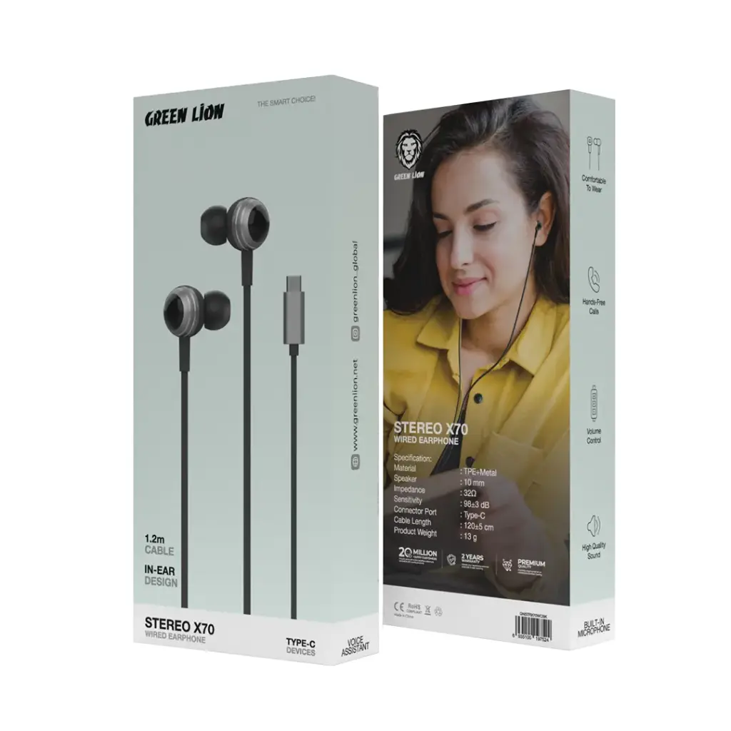 هندزفری باسیم تایپ سی گرین لاین مدل Green Lion Stereo X70